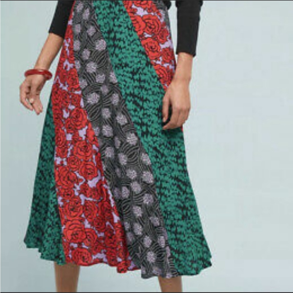 Maeve Patchwork A-Line Skirt in Green, Red, Black